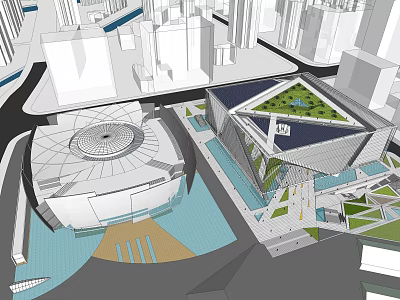 City Aerial View Featuring Circular And Square Buildings With Green Roof Water Area And Roads 3d model
