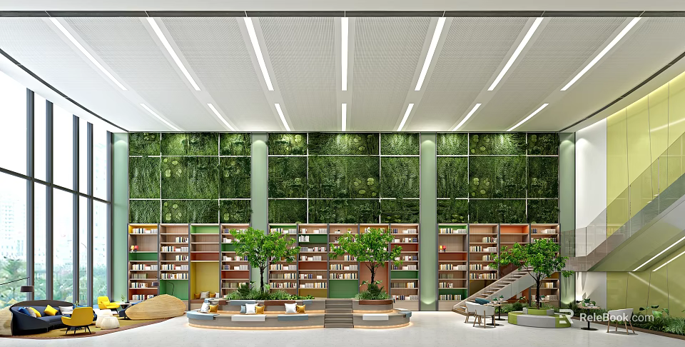 Contemporary Lounge Area With Large Glass Windows Indoor Trees Bookshelves And Comfortable Seating 3d model 