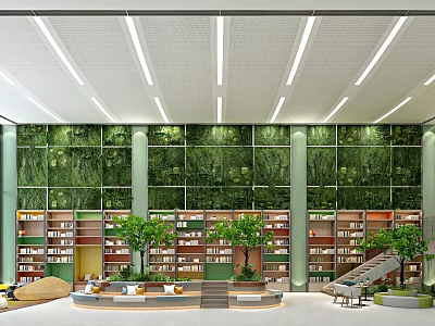 Contemporary Lounge Area With Large Glass Windows Indoor Trees Bookshelves And Comfortable Seating 3d model