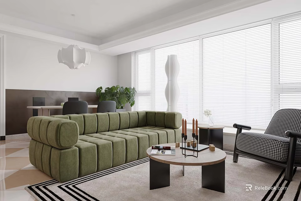 Bright Modern Open Plan Living And Dining Room With Cozy Green Sofa And Large Windows 3d model 