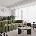 Bright Modern Open Plan Living And Dining Room With Cozy Green Sofa And Large Windows