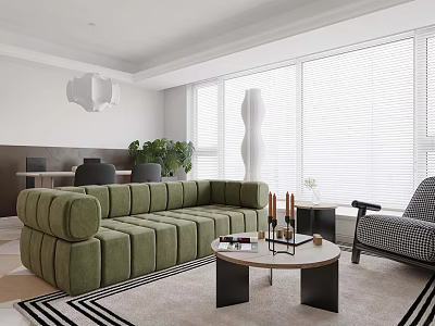Bright Modern Open Plan Living And Dining Room With Cozy Green Sofa And Large Windows 3d model
