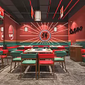 Chinese Style Hot Pot Restaurant Interior With Red Green Decor Lanterns And Booth Seats