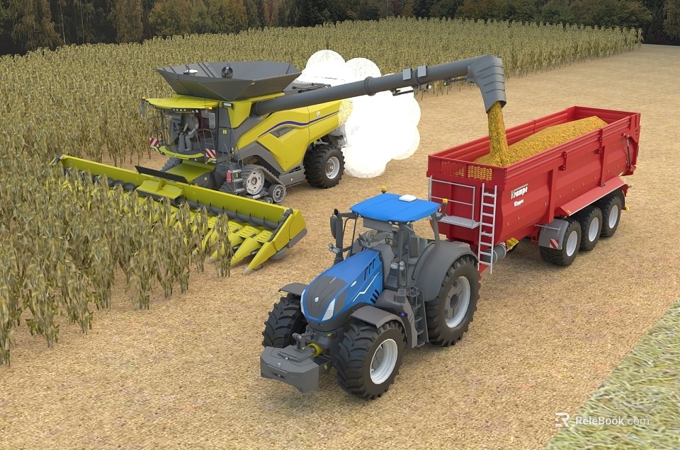 Efficient Agriculture Equipment With Combine Harvester And Tractor Loading Grain In Farm Field 3d model 
