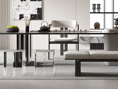 Modern Tea Table And Chairs With Teapot Green Fruits Black White Painting Near Window 3d model