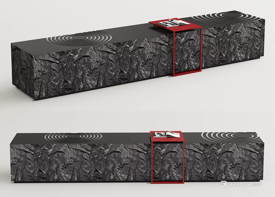 Modern Landscape Seating With Black Textured Surface And Red Side Table 3d model 