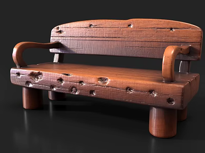Wooden Outdoor Sofa with Natural Rustic Design Armrests and Decorative Holes for Garden Patio 3d model