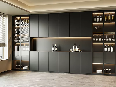 Elegant Modern Black Wine Cabinet With Multi layer Shelves Holding Wine Bottles And Glassware 3d model
