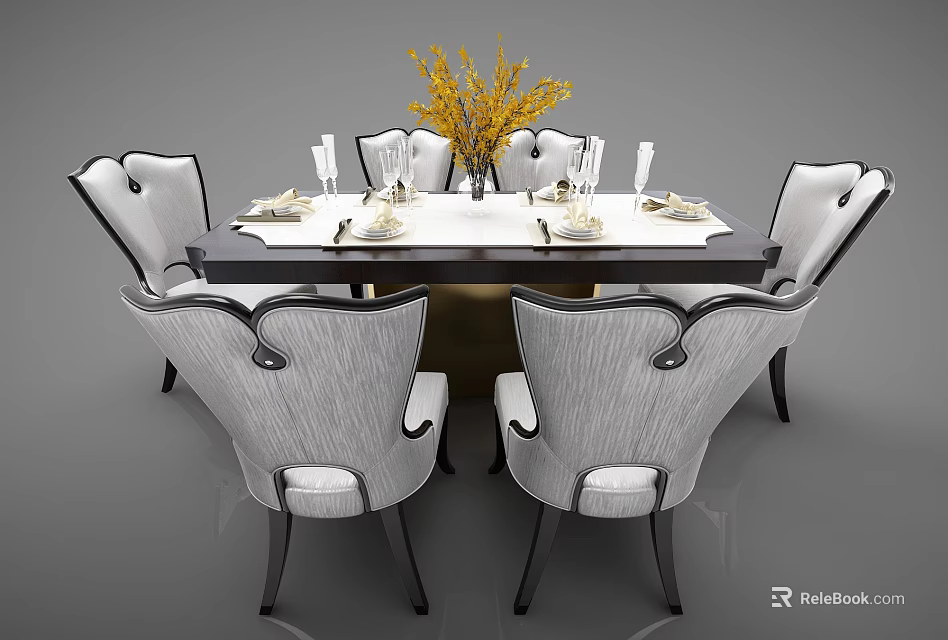 Elegant Modern Dining Table Set With Six Chairs Decorative Flowers And Tableware 3d model 