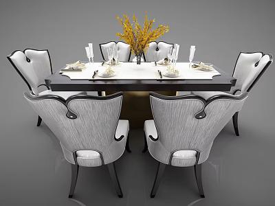 Elegant Modern Dining Table Set With Six Chairs Decorative Flowers And Tableware 3d model
