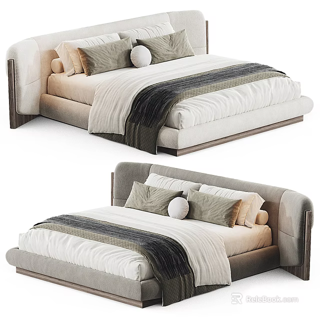 Modern Stylish Double Bed With Upholstered Headboard Comfortable Mattress Soft Pillows And Cozy Bedding 3d model 