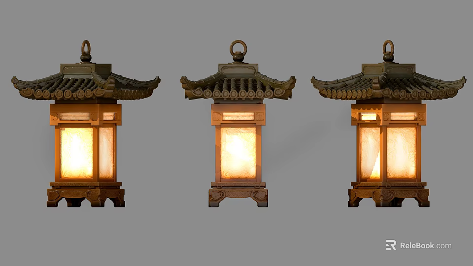 Three Classic Traditional Pagoda Style Wooden Lanterns Illuminated With Warm Light 3d model 
