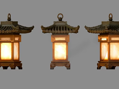 Three Classic Traditional Pagoda Style Wooden Lanterns Illuminated With Warm Light 3d model