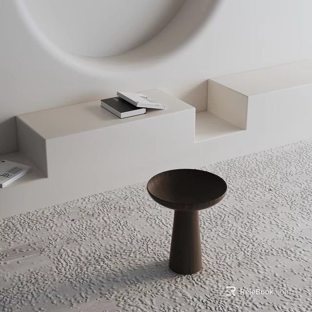 Modern Interior With Dark Wooden Round Side Table And White Stepped Platform 3d model 