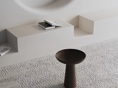 Modern Interior With Dark Wooden Round Side Table And White Stepped Platform 3d model