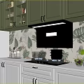 Modern Kitchen Interior With Green Cabinets White Lower Cabinets Black Range Hood Tropical Leaf Wallpaper