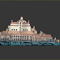 Cartoon Scene Of Fantasy Castle With Pink White Buildings Green Details And Blue Water Waves