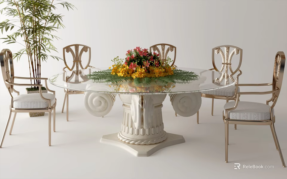 Elegant Round Glass Dining Table Set With Carved White Base And Gold Patterned Chairs 3d model