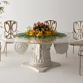 Elegant Round Glass Dining Table Set With Carved White Base And Gold Patterned Chairs 3d model