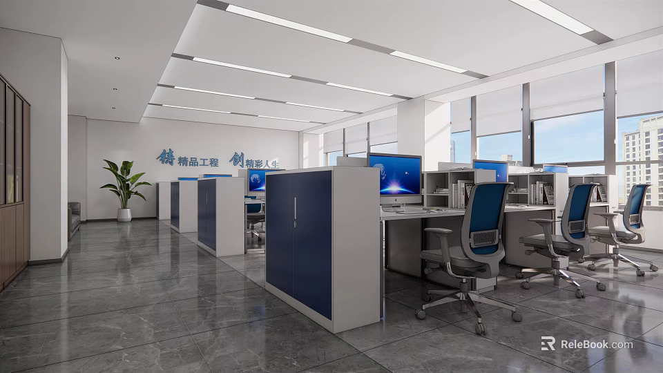 Public Office Area With Workstations Computers Blue Partitions Large Windows And Bright Lighting 3d model