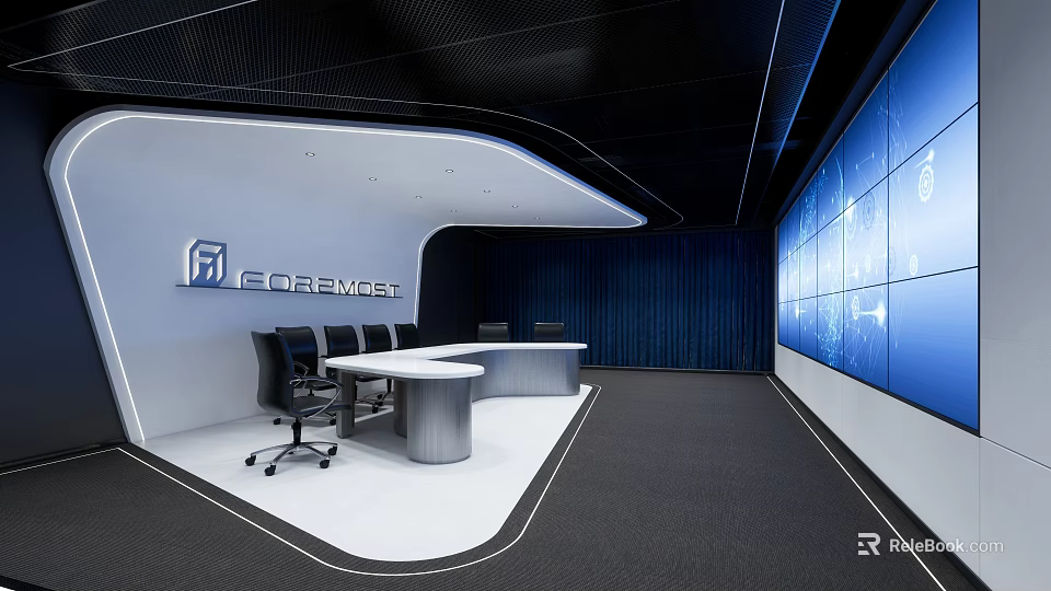 Modern Control Room Interior With Large Screens Console Desk And Office Chairs 3d model 