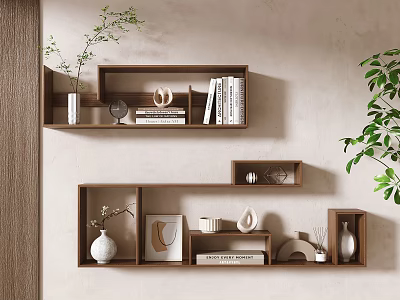 Minimalist Decorative Items Combination On Wall Mounted Wooden Shelves With Vases Books And Sculptures 3d model