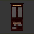 Dark Red Wooden Two Tiered Cabinet With Glass Doors And Gold Accents