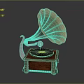 Vintage Gramophone With Brass Horn Vinyl Record And Carved Wooden Base