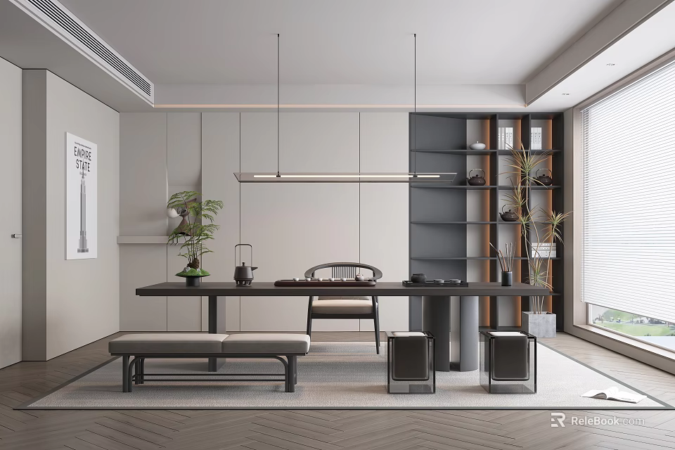 Modern Tea Room Interior Design With Wooden Table Bench Chairs And Green Plants 3d model 