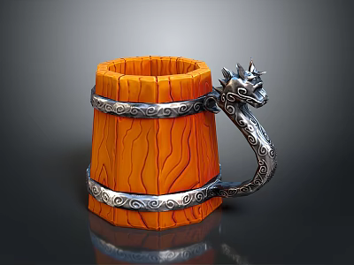 Unique Wooden Mug With Dragon Shaped Handle And Metal Decorative Accents 3d model