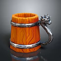 Unique Wooden Mug With Dragon Shaped Handle And Metal Decorative Accents