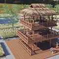 Two Story Wooden Pergola With Thatched Roof Surrounded by Green Fields and Trees