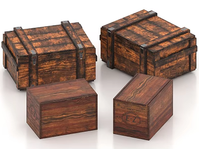 Vintage Rustic Wooden Boxes With Metal Buckles And Natural Wood Grain In Various Sizes 3d model