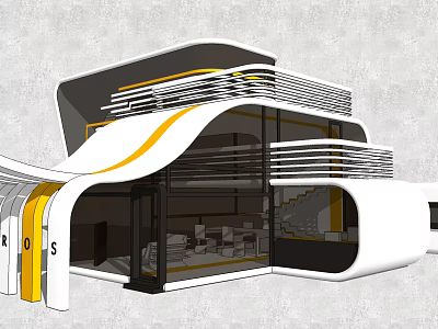 Modern Multi Level Building Design Featuring Curved White Yellow Accents And Large Glass Windows 3d model