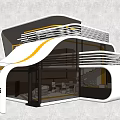Modern Multi Level Building Design Featuring Curved White Yellow Accents And Large Glass Windows