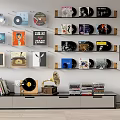 Vinyl Record Collection Display On Digital Audio Shelves With Turntable And Speaker