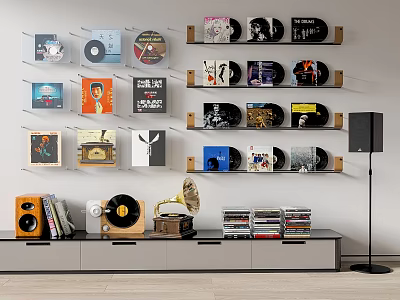Vinyl Record Collection Display On Digital Audio Shelves With Turntable And Speaker 3d model