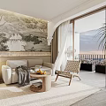 Modern Hotel Room Interior With Comfortable King Bed Sofa Wooden Furniture And Palm Tree Mural
