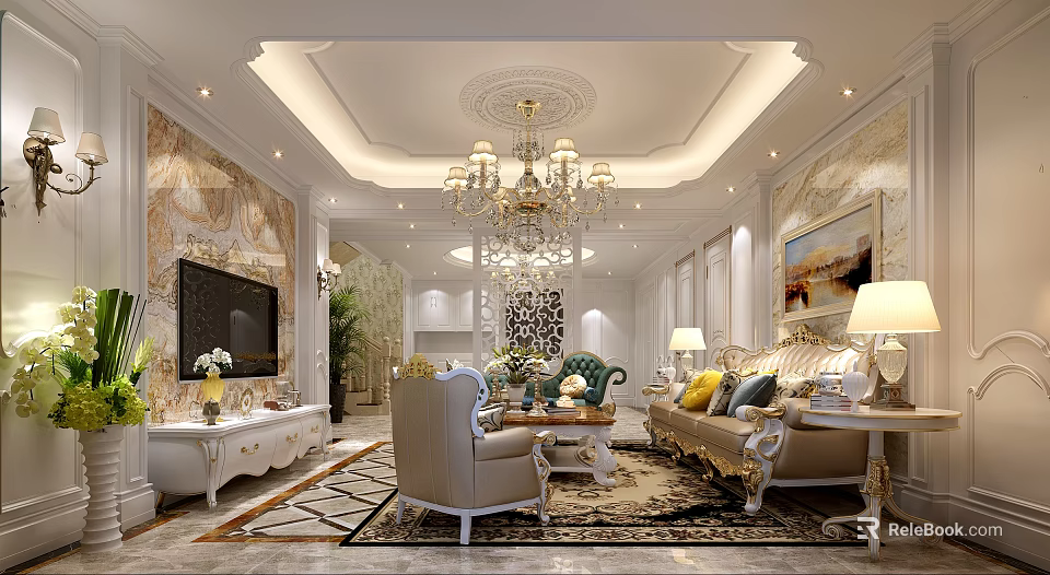 Luxurious Living Room Interior Featuring Elegant Ornate Screen And Classic Decor Elements 3d model