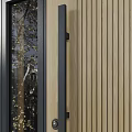 Modern Wooden Door With Vertical Stripes Black Frame And Glass Side Panels Viewing Trees Outside