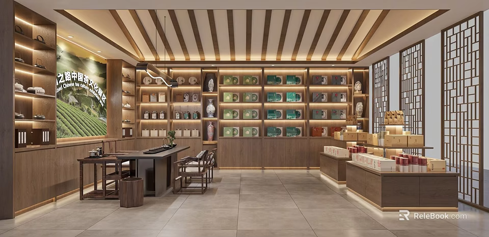 Chinese Style Tea Specialty Store With Wooden Shelves Tea Cans And Display Counter 3d model 