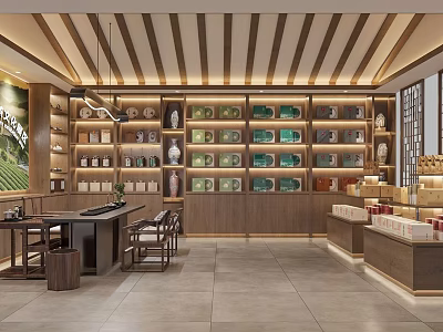 Chinese Style Tea Specialty Store With Wooden Shelves Tea Cans And Display Counter 3d model
