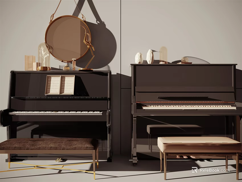 Elegant Musical Instruments And Art Supplies Showcasing Black Pianos Wooden Stools And Music Sheets 3d model 