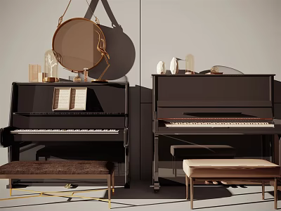 Elegant Musical Instruments And Art Supplies Showcasing Black Pianos Wooden Stools And Music Sheets 3d model