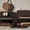 Elegant Musical Instruments And Art Supplies Showcasing Black Pianos Wooden Stools And Music Sheets