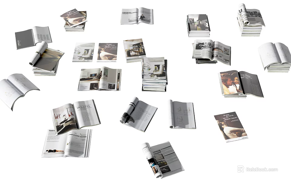 Diverse Opened Books and Magazines with Interior Pages Displaying Visual Content 3d model 