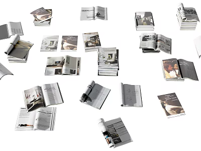 Diverse Opened Books and Magazines with Interior Pages Displaying Visual Content 3d model