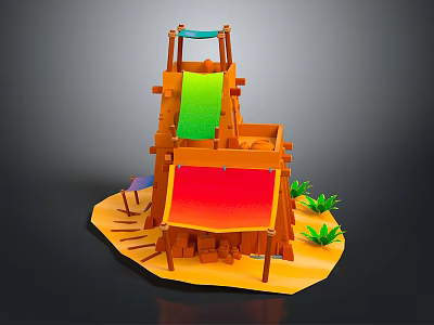 Wooden Kids Playground Structure With Green Slide Red Fabric Steps And Small Plants 3d model