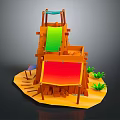 Wooden Kids Playground Structure With Green Slide Red Fabric Steps And Small Plants