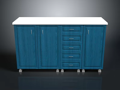 Modern Blue Cabinet With White Countertop Doors Drawers And Wheels 3d model